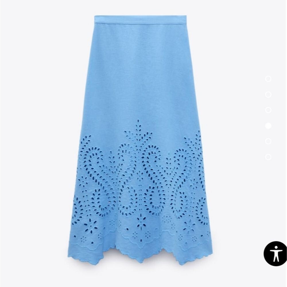 Zara Linen Blend Eyelet Embroidered High Waisted A-Line Midi Skirt Blue Large